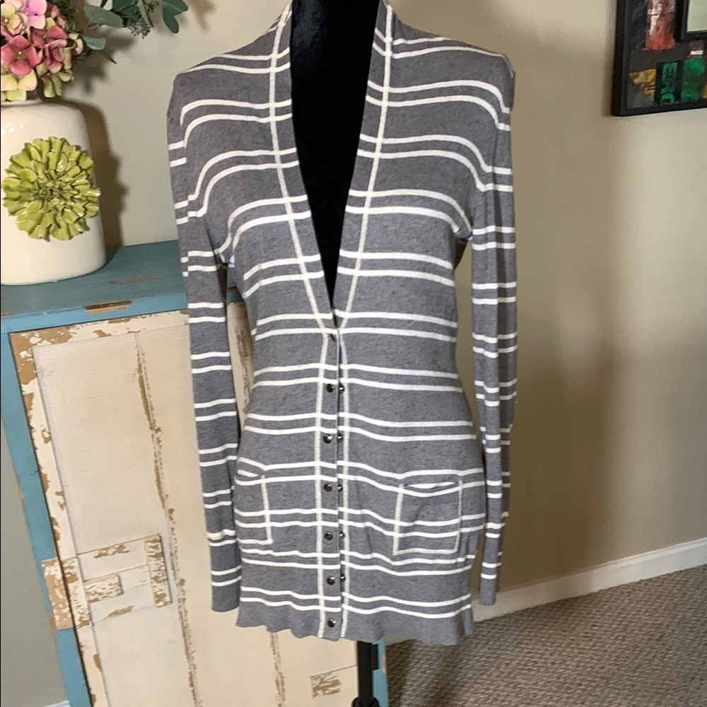 Banana Republic Gray and White Striped Cardigan Sweater